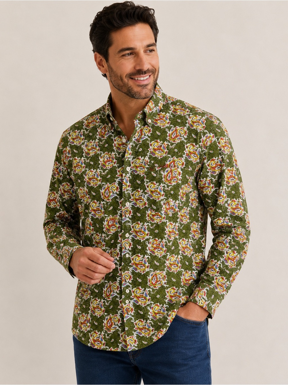 Alan Flusser XL Green Paisley Button Down Shirt Cotton Bold Print Classic Fit